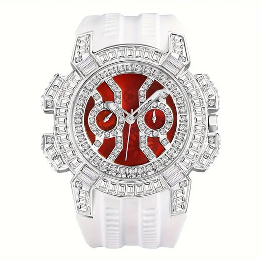 New Men's Red Quartz Watch Luxury Hip Hop Street Clothing Clock Rhinestone Watch AAA Quartz Men's Watch