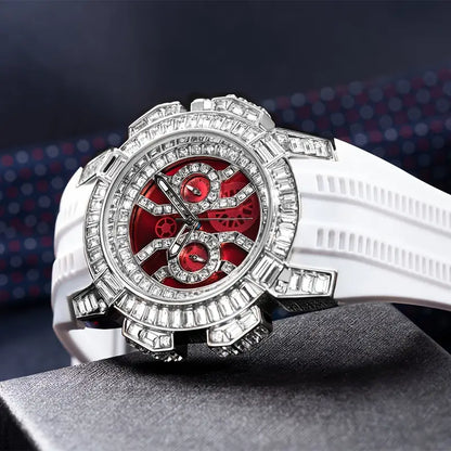New Men's Red Quartz Watch Luxury Hip Hop Street Clothing Clock Rhinestone Watch AAA Quartz Men's Watch