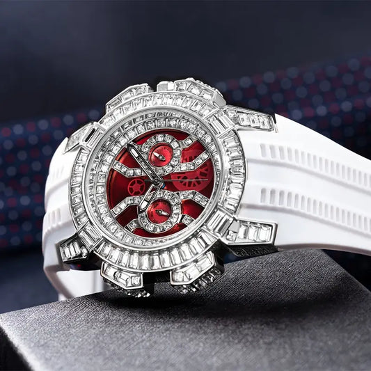 New Men's Red Quartz Watch Luxury Hip Hop Street Clothing Clock Rhinestone Watch AAA Quartz Men's Watch