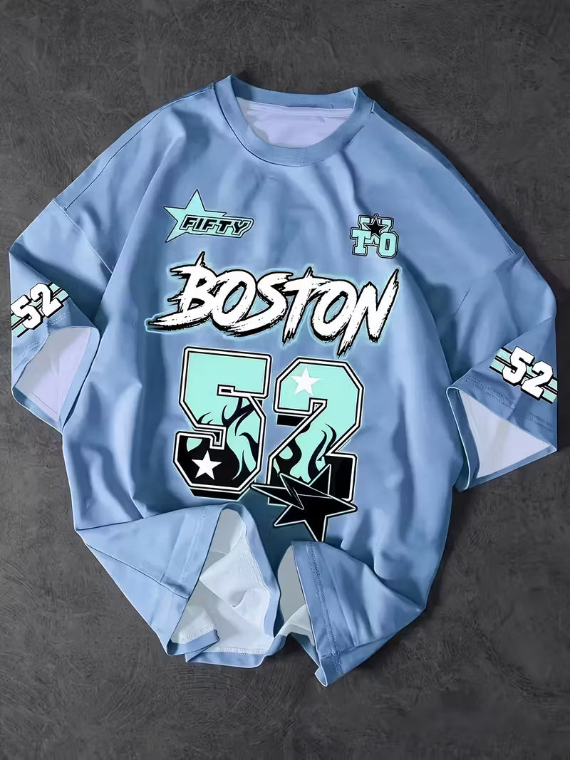 Men'S White Streetwear T-Shirt with Bold Flame Number 52 & "FO" Graphic Print